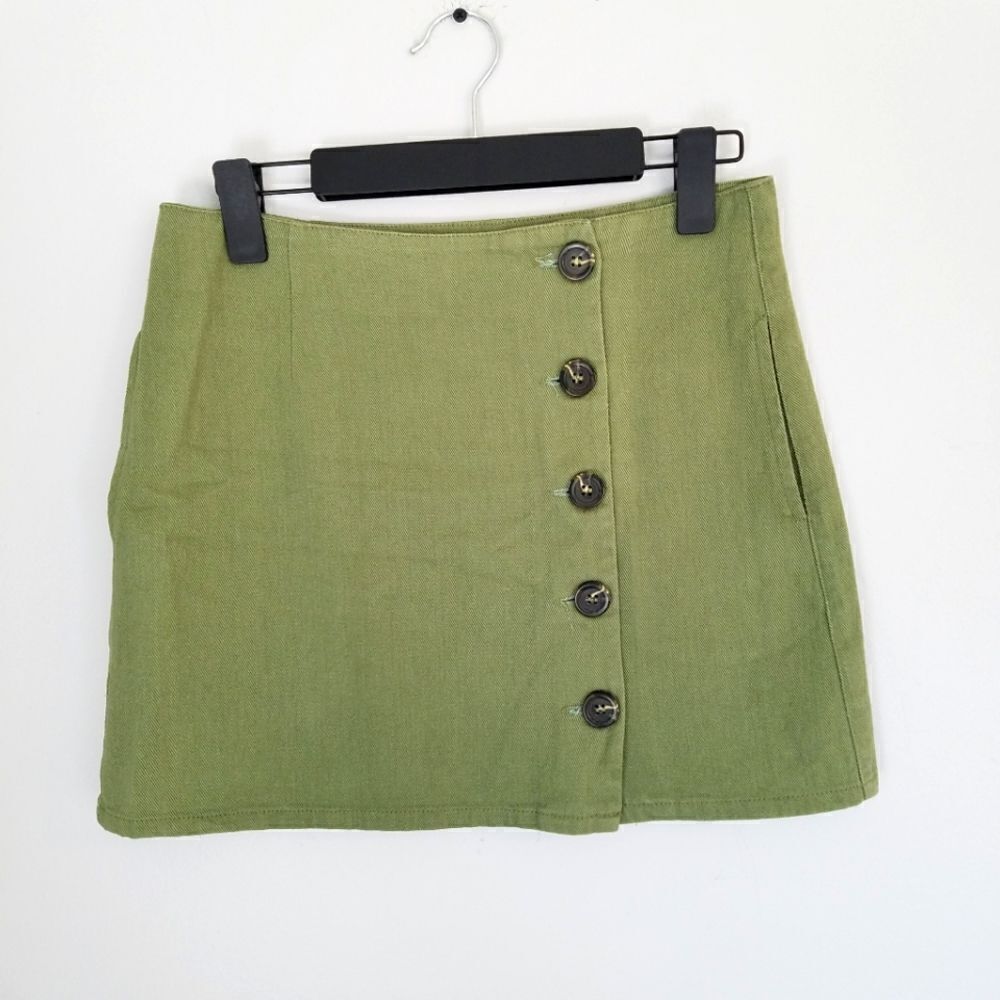 Chloe & Katie Button Down Olive Green Khaki Y2K Pocketed Mini Skirt